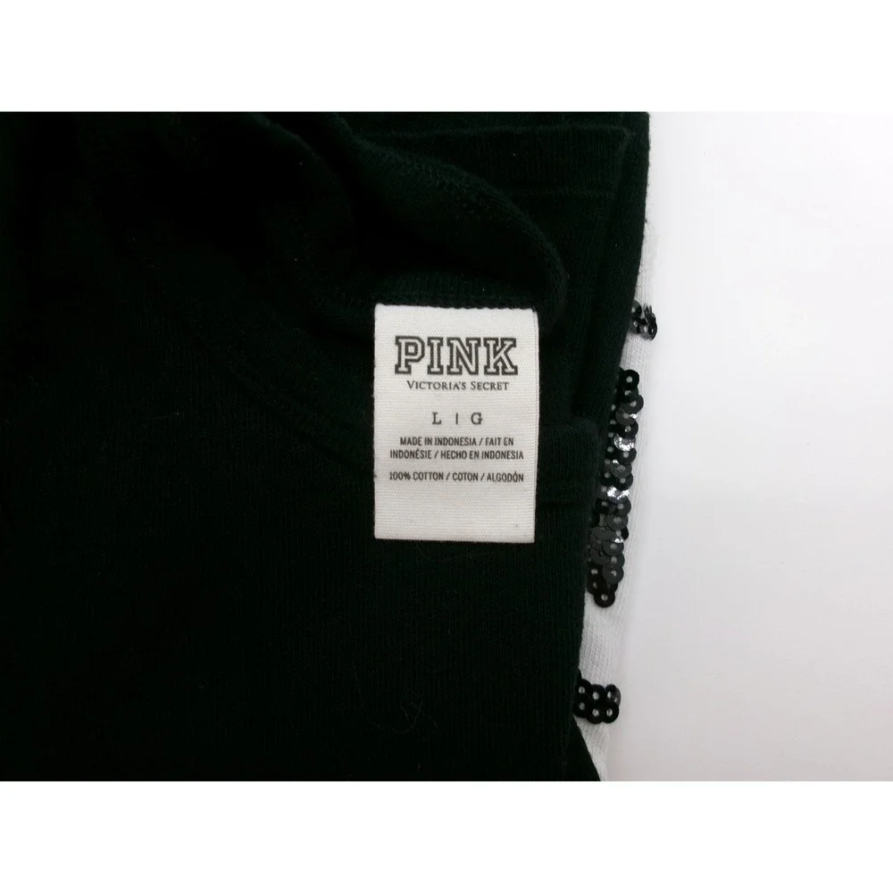 Victoria's Secret PINK Black White Colorblock Glitter Logo Long Sleeve Shirt L - Picture 13 of 15
